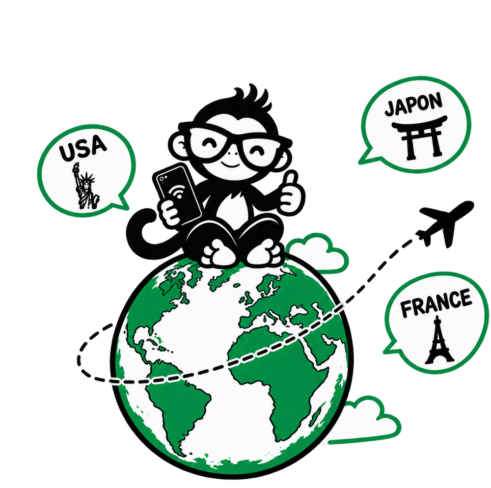 Mascotte Jungle Connect : un singe à lunettes assis sur le globe, téléphone en main